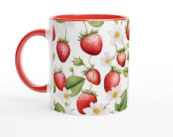 Strawberry Mug: Floral Daisy Ceramic Mug, 11oz