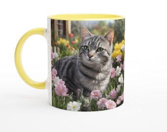 Tabby Cat Ceramic Mug: Floral Feline Lover Gift