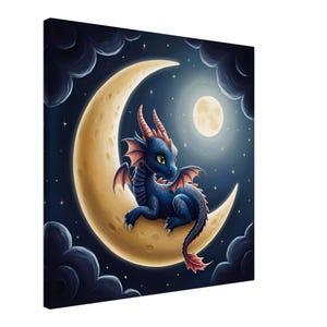 Moonlit Baby Dragon Canvas – Celestial Creature Wall Art- Children&#39;s Decor