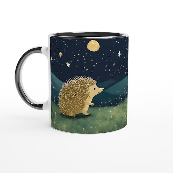 Celestial Hedgehog Mug: Moon & Stars Ceramic Coffee Cup