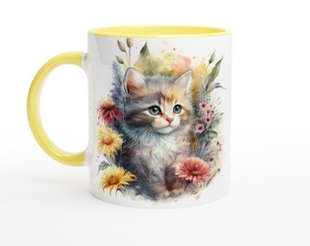 Hermosa taza de gato floral taza de cerámica de 11 oz, taza de gatito, regalos lindos para ella, regalos para los amantes de los gatos