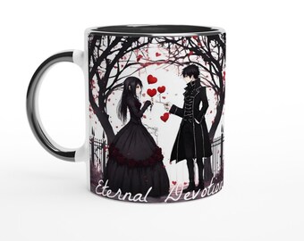 May include: A white ceramic mug with a black rim and handle. The mug features a black and white illustration of an anime couple standing under a tree with red hearts. The text "Eternal Devotion" is written at the bottom of the mug.