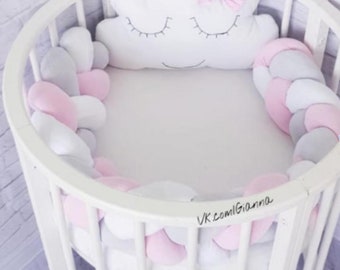 White purple Pillow for kids Decorative Pillow Bolster lilac Braided Crib Bumper of 4 strips light gray melange