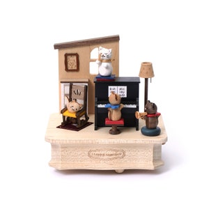 Wooden Cat Playing Piano Music Box