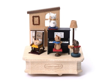 Wooden Cat Playing Piano Music Box