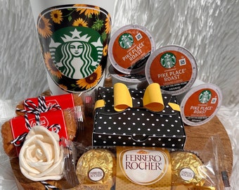 Caja de regalo de café Starbucks de girasol, caja de regalo personalizada, taza reutilizable, pensando en ti, regalo de cumpleaños, cesta de regalo