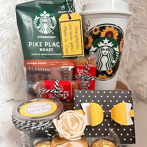 Caja de regalo de café Starbucks Deluxe de girasol, Amante del café, Adicto al café, Taza reutilizable personalizada, Pensando en ti, Regalo de cumpleaños imagen 1