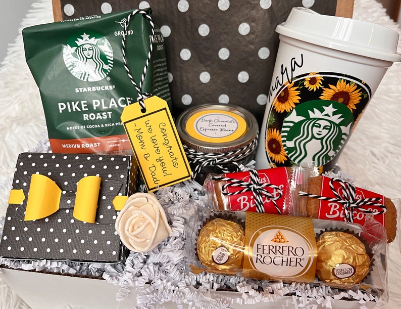 Caja de regalo de café Starbucks Deluxe de girasol, Amante del café, Adicto al café, Taza reutilizable personalizada, Pensando en ti, Regalo de cumpleaños imagen 3