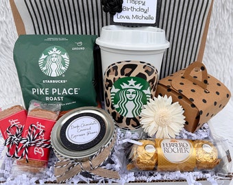 Caja de regalo de café Starbucks de lujo, Amante del café, Adicto al café, Taza reutilizable personalizada, Pensando en ti, Regalo de cumpleaños, Cesta de regalo