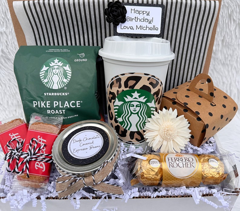 Deluxe Starbucks Coffee Gift Box, Coffee Lover, Coffee Addict, Personalized Reusable Cup, Thinking of you, Birthday Gift, Gift Basket image 1