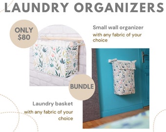 Watercolor Nursery BUNDLE Laundry Basket Wall Basket New Mom Gift Set | Wooden Organizer | Wall Organizer | Laundry Hamper | Storage Basket