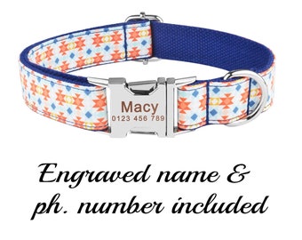 Orange, Blue & White Geometric Dog Collar , Engraved Dog Collar,   Dog Collars, Custom dog collar, Personalized dog collar