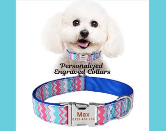 Colorful Chevron Personalized Dog Collar , Personalized Engraved Dog Collar , Custom Girl Dog Collar , Boy Dog Collar