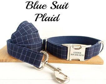 Blue Suit Plaid Dog Collar and Leash | Personalized Dog Collar  | Suit Dog Collar | Elegant Dog Collar | Engraved Dog Collar