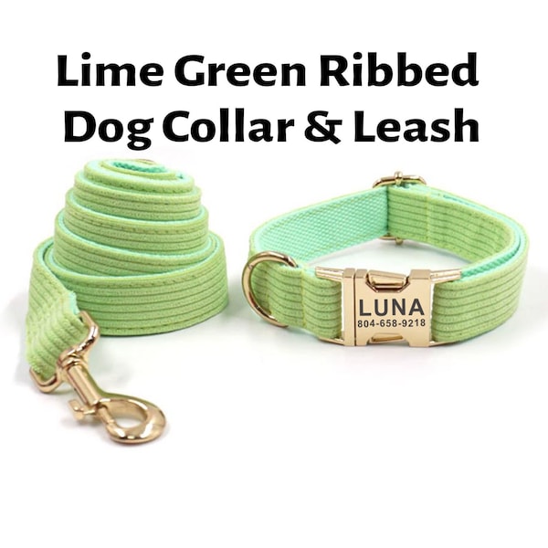 Collier et laisse côtelés pour chien vert citron | Collier de chien personnalisé | Collier de chien côtelé | Laisse pour chien vert citron | Collier de chien mignon