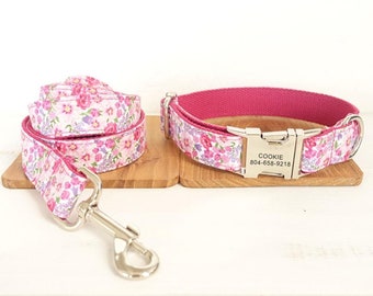 Pink Floral Dog Collar & Leash. Pink Flowers Dog Collar. Personalized Engraved Dog Collar. Pink Dog Collar
