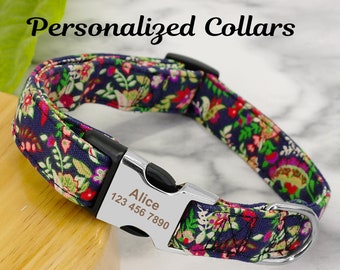 Floral Bohemian Personalized Dog Collar , Boho Engraved Dog Collar , Custom Floral Dog Collar , Navy Blue Floral Dog Collar