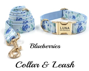 Blueberry Pattern Dog Collar. Blue Floral Dog Collar. Personalized Engraved Dog Collar. Fruit Dog Collar