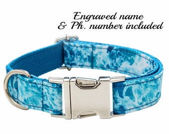 Wave Dog Collar, Blue Engraved Dog Collar , Ocean Dog Collar, Personalized Pet Collar, Beach Collar and Leash Set