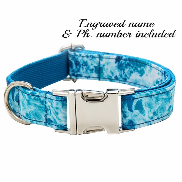 Wave Dog Collar, Blue Engraved Dog Collar , Ocean Dog Collar, Personalized Pet Collar, Beach Collar and Leash Set