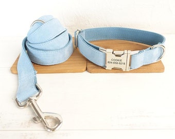 Sky Blue Dog Collar, Blue Suede Fabric Dog Collar, Personalized Engraved Dog Collar, Wedding Dog Collar, Blue Dog Leash