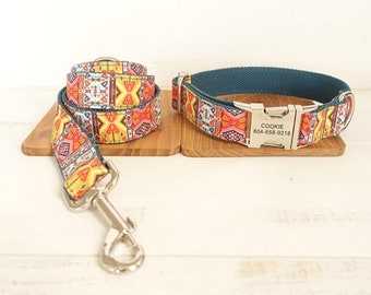 Bohemian Green Blue Personalized Dog Collar , Boho Engraved Dog Collar , Custom Colorful Dog Collar , Hippie Dog Collar