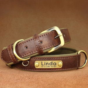 Coffee Brown Leather Dog Collar with Name ID Tag, Personalized Engraved Dog Collar , Custom Dog Collar with Soft Inner Fabric