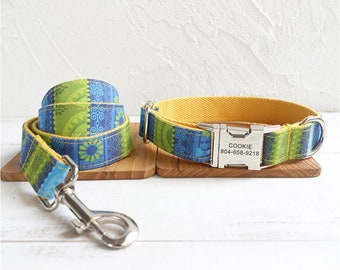 Engraved Blue & Yellow Geometric Dog Collar and Leash - Personalized Dog Collar  - Summer Dog Collar - Blue Dog Collar - Yellow Dog Collar