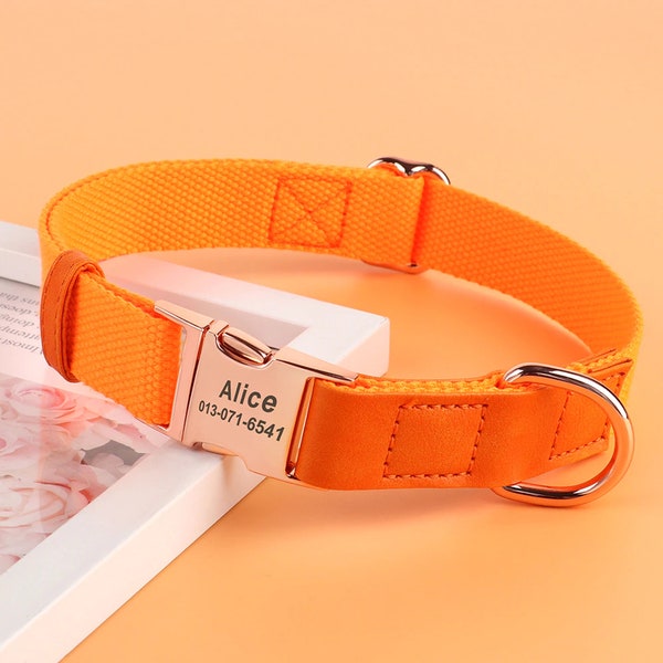 Orange Nylon & PU Leather Dog Collar. Orange Dog Collar. Personalized Engraved Dog Collar. Custom Name Dog Collar