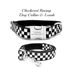 Checkered Black & White Dog Collar. Racing Dog Collar. Personalized Engraved Dog Collar. Black Dog Collar