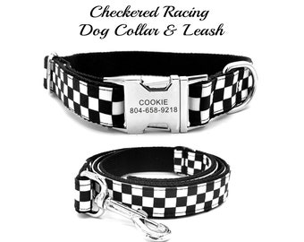 Checkered Black & White Dog Collar. Racing Dog Collar. Personalized Engraved Dog Collar. Black Dog Collar