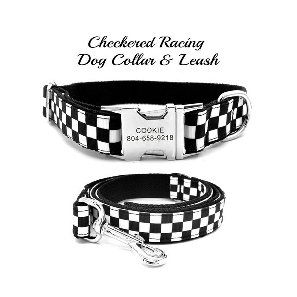 Checkered Black & White Dog Collar. Racing Dog Collar. Personalized Engraved Dog Collar. Black Dog Collar