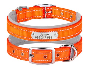 Orange Reflective Dog Collar, Personalized Engraved Dog Collar, Custom Dog Collar for Day and Night.