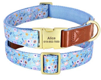Sky Blue Floral Dog Collar. Dog Name Collar. Personalized Engraved Dog Collar. Summer Dog Collar
