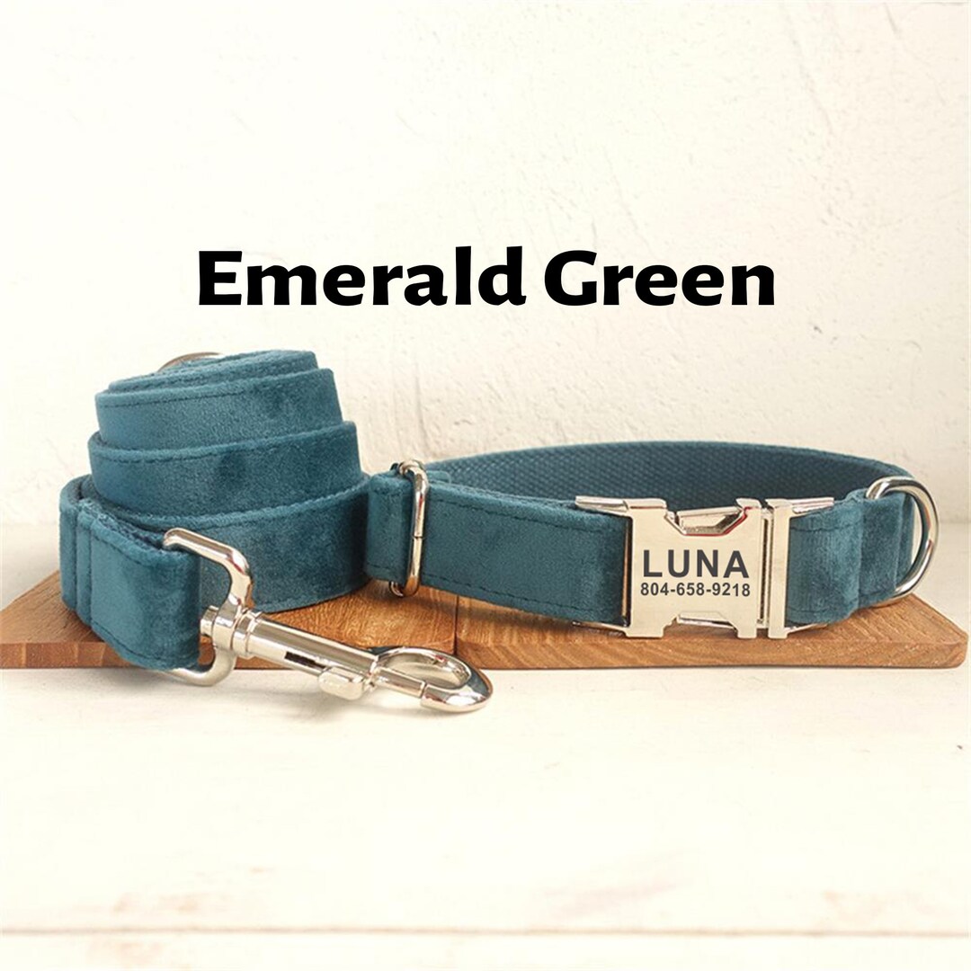 Emerald Green Dog Collar. Suede Fabric Dog Collar & Leash. Personalized