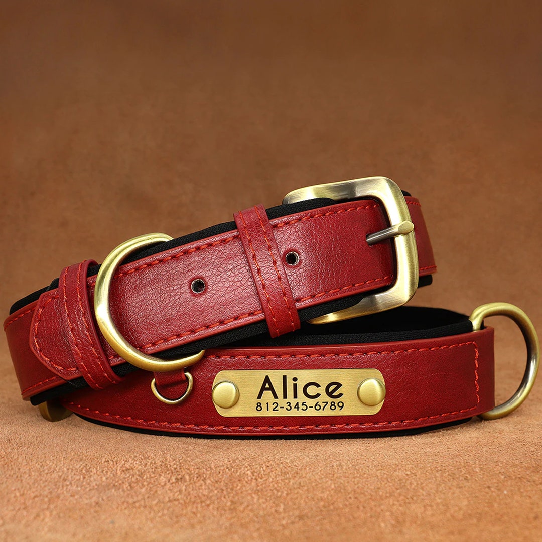 Red Leather Dog Collar With Name ID Tag, Personalized Engraved Dog