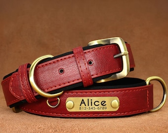 Red Leather Dog Collar with Name ID Tag, Personalized Engraved Dog Collar , Custom Dog Collar with Soft Inner Fabric