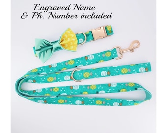 Personalized Pineapple Dog Collar & Bow Tie. Summer dog collar. Custom dog collar.  Tropical Fruit Dog Collar and Lead