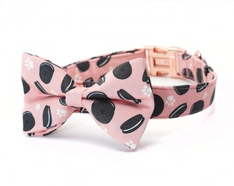 Pink Cookies Dog Collar and Leash,  Oreo Dog Collar and Leash Set, Cookies Dog Bow Tie, Personalized Dog Collar with Name