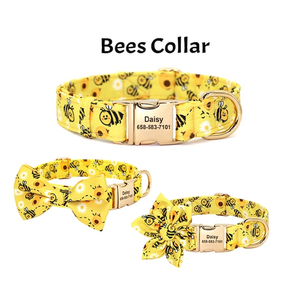 Collier de chien personnalisé d'abeille avec attachement de fleur, collier de chien gravé jaune d'abeille, collier de chien personnalisé de noeud papillon jaune