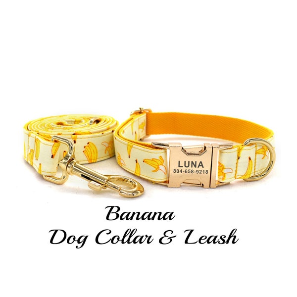 Yellow Bananas Dog Collar and Leash. Fruit Dog Collar. Personalized Engraved Dog Collar. Yellow Dog Collar