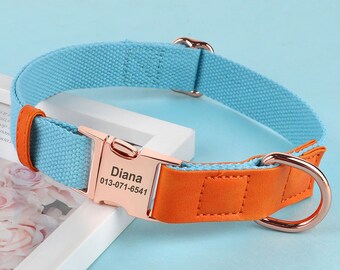 Blue Nylon & PU Leather Dog Collar. Blue Dog Collar. Personalized Engraved Dog Collar. Custom Name Dog Collar