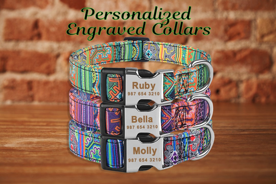 Hippie Bohemian Personalized Dog Collar , Boho Engraved Dog Collar