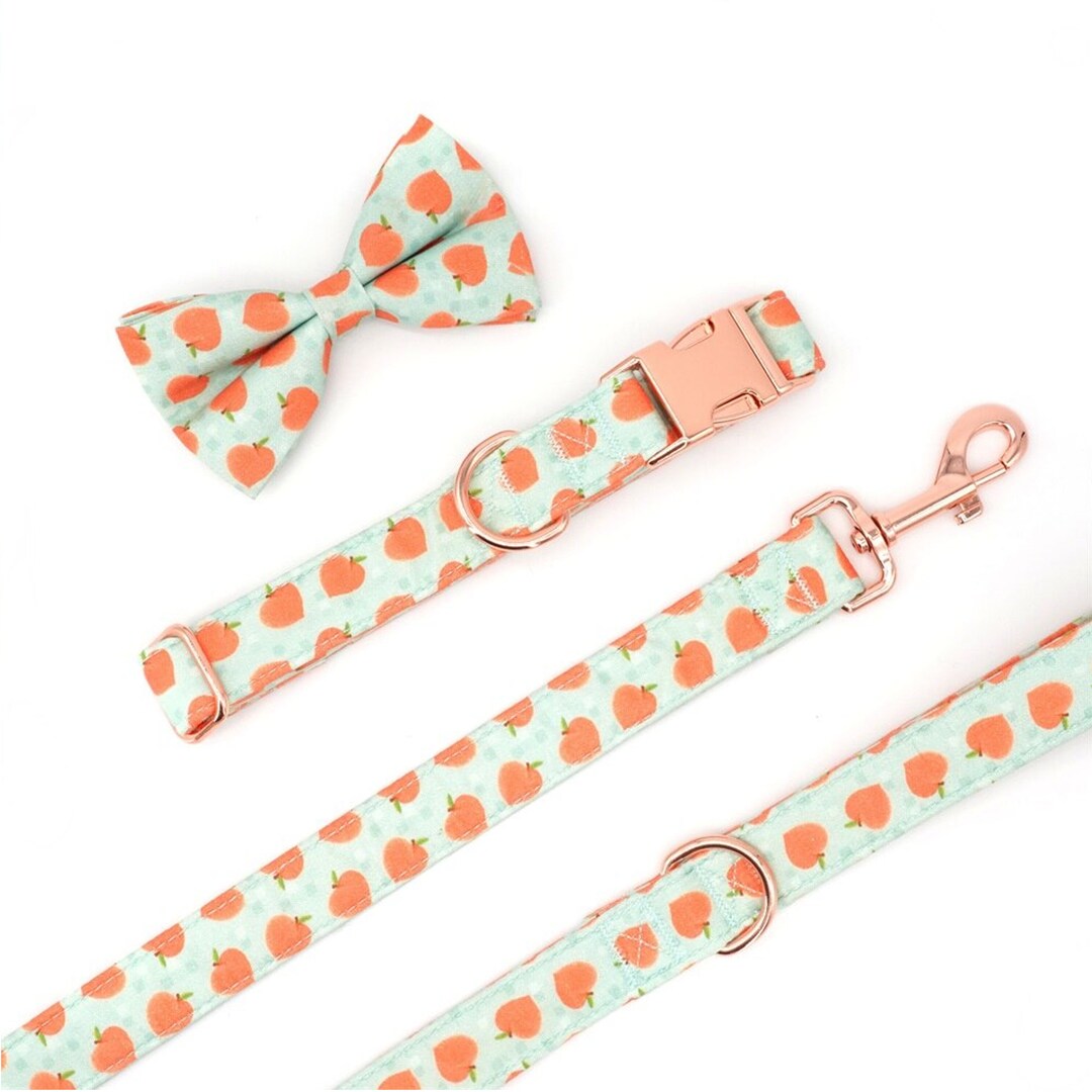 Peach Dog Bow Tie Collar, Peach Dog Collar and Leash, Personalized Engraved Name Dog Collar