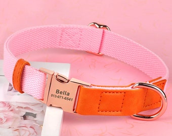 Pink Nylon & PU Leather Dog Collar. Pink Dog Collar. Personalized Engraved Dog Collar. Custom Name Dog Collar