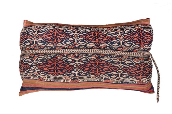 23.6'' x 43.3"Turkish Anatolian Geometric Pillow, Fragman old Blue-Red Wool Pillow, Oushak Red Pillow, Kilim Rug Pillow, Boho Black Pillow