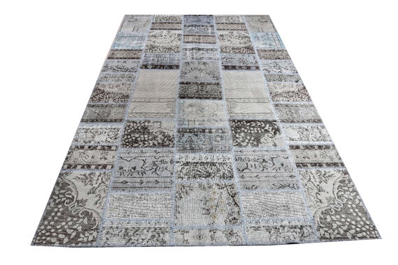 Gray-Blue Large Patchwork Rug ,Soft Color Rug Vintage Area Rug made of Vintage Faded Turkish Rugs , collage Unique Area Rug,6.4 x 9.7 feet