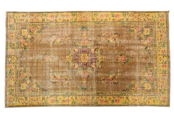 5'5''x9'5''Faded Yellow-Brown-Green Color Turkish Wool Rug,Anatolian Ottoman Handmade Area Rug,Decorative Rug,Nomadic Rug,Modern  Rug,3433