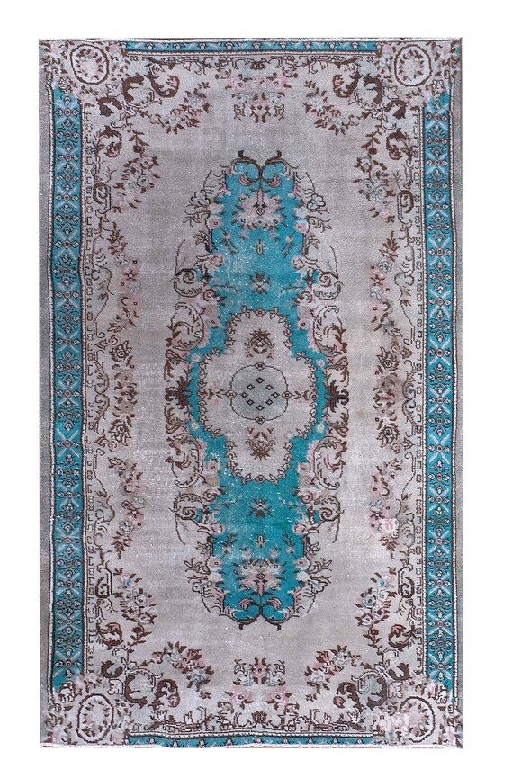 5'1" X7'6'' Vintage Rug,Natural-Turquoise Colors Turkish Area Rug,Bedroom Rug,Neutral Rug,Living Room Rug,Boho Rug,Decorative Rug,Faded Rug,