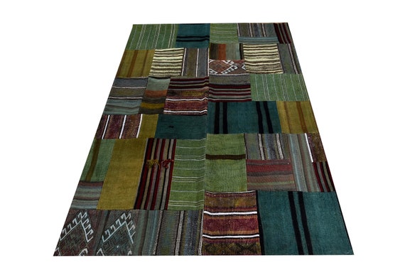 Green Color Large Patchwork Rug ,Soft Color Rug Vintage Area Rug made of Vintage Faded Turkish Rugs , collage Unique Area Rug,4.7 x 6.2 feet
